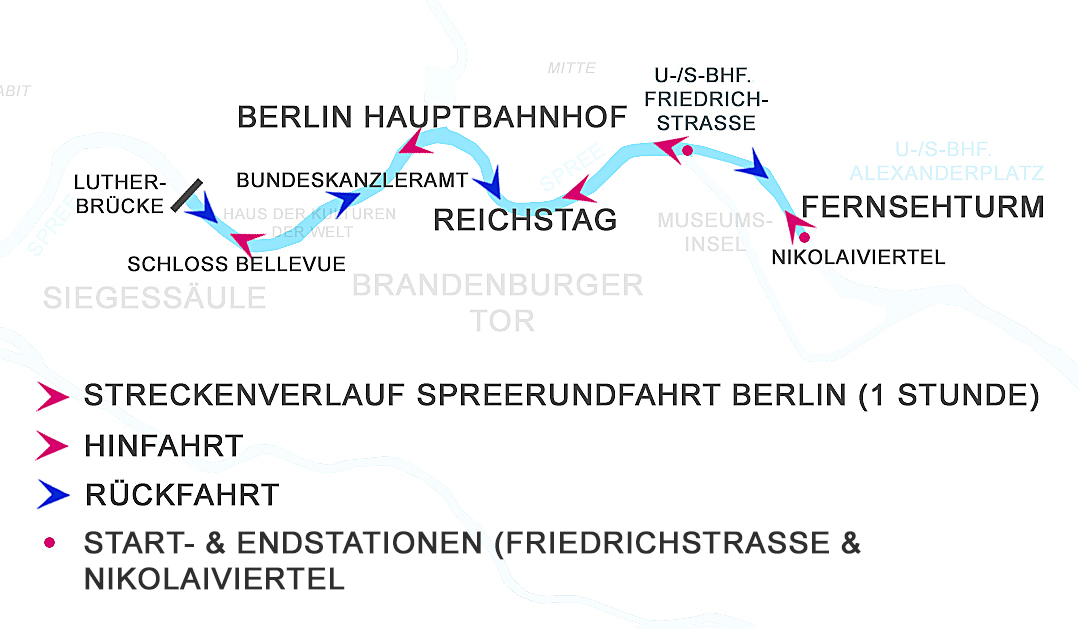 Spreefahrten Berlin Friedrichstrasse - Streckenverlauf Spreerundfahrt Berlin